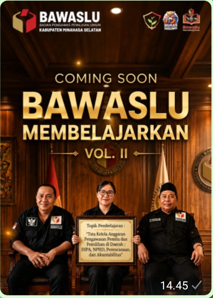 Poster Coming Soon Bawaslu Membelajarkan Volume 2 dari Bawaslu Kab. Minahasa Selatan